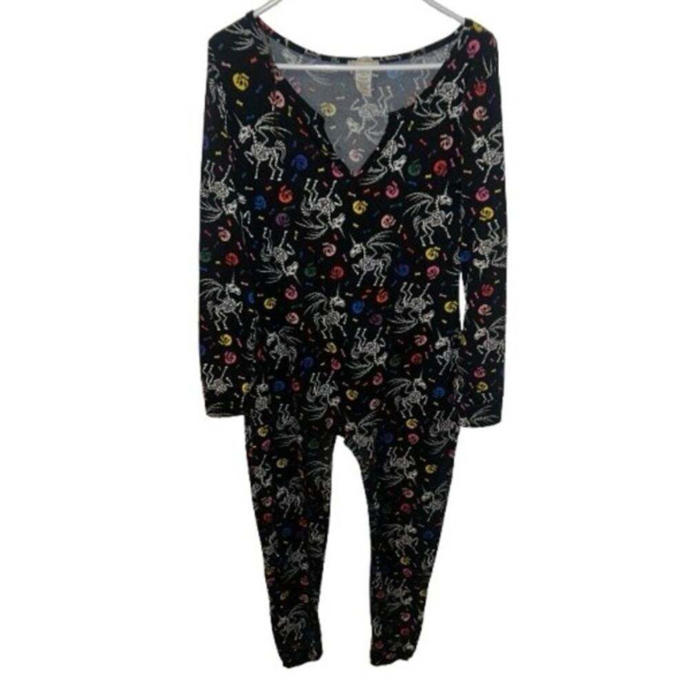 Skeleton Unicorn Skull Jumpsuit Halloween Goth One Piece Pajama Costume - LARGE - Picture 2 of 5